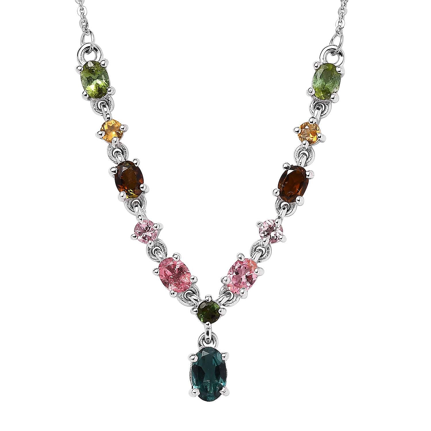 Multi-Tourmaline 1.90 ctw Necklace 18 Inches in Platinum Over Sterling Silver, Tourmaline Jewelry, Gift For Her