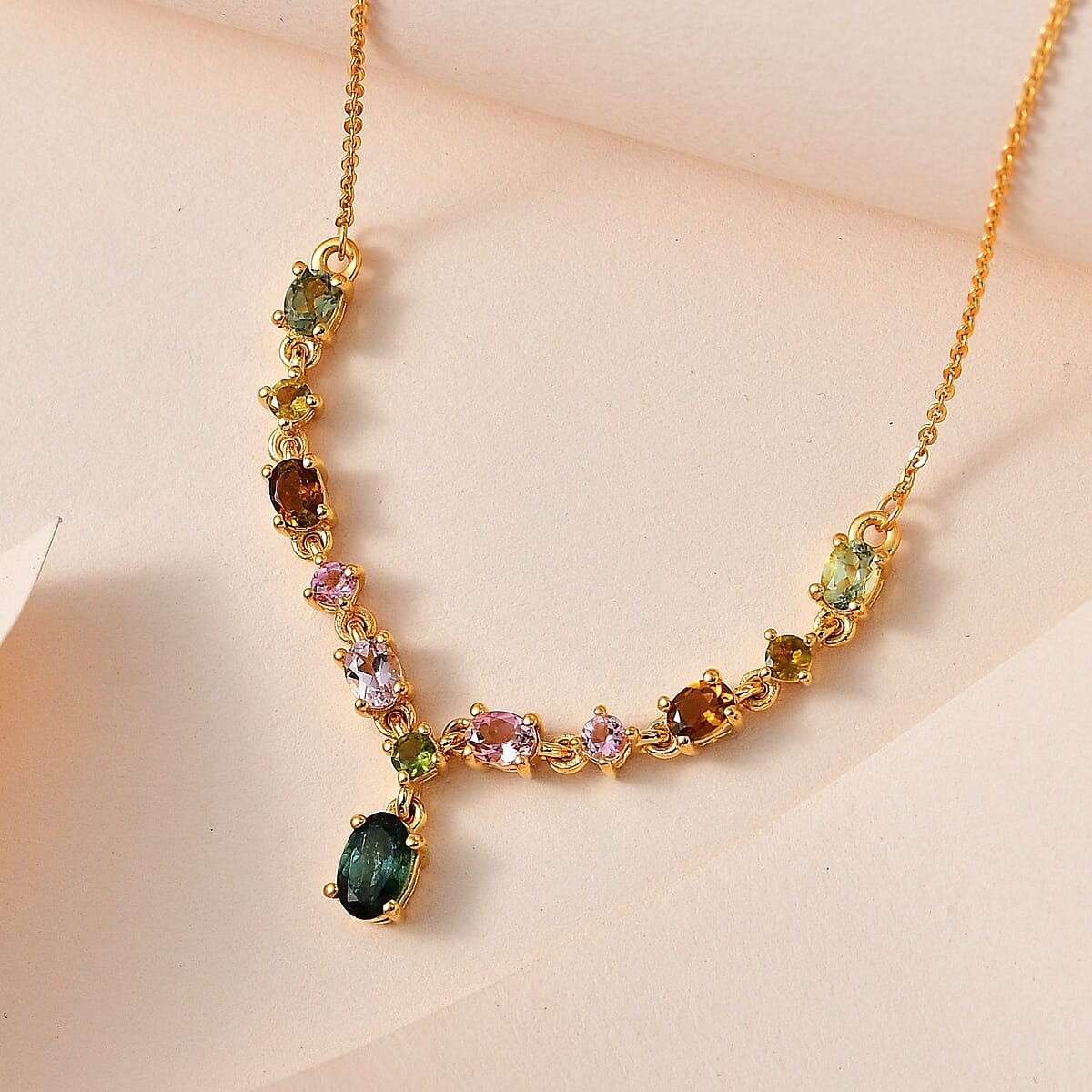 Multi-Tourmaline Necklace 18 Inches in Vermeil Yellow Gold Over Sterling Silver, Tourmaline Jewelry, Gift For Her 1.90 ctw image number 1
