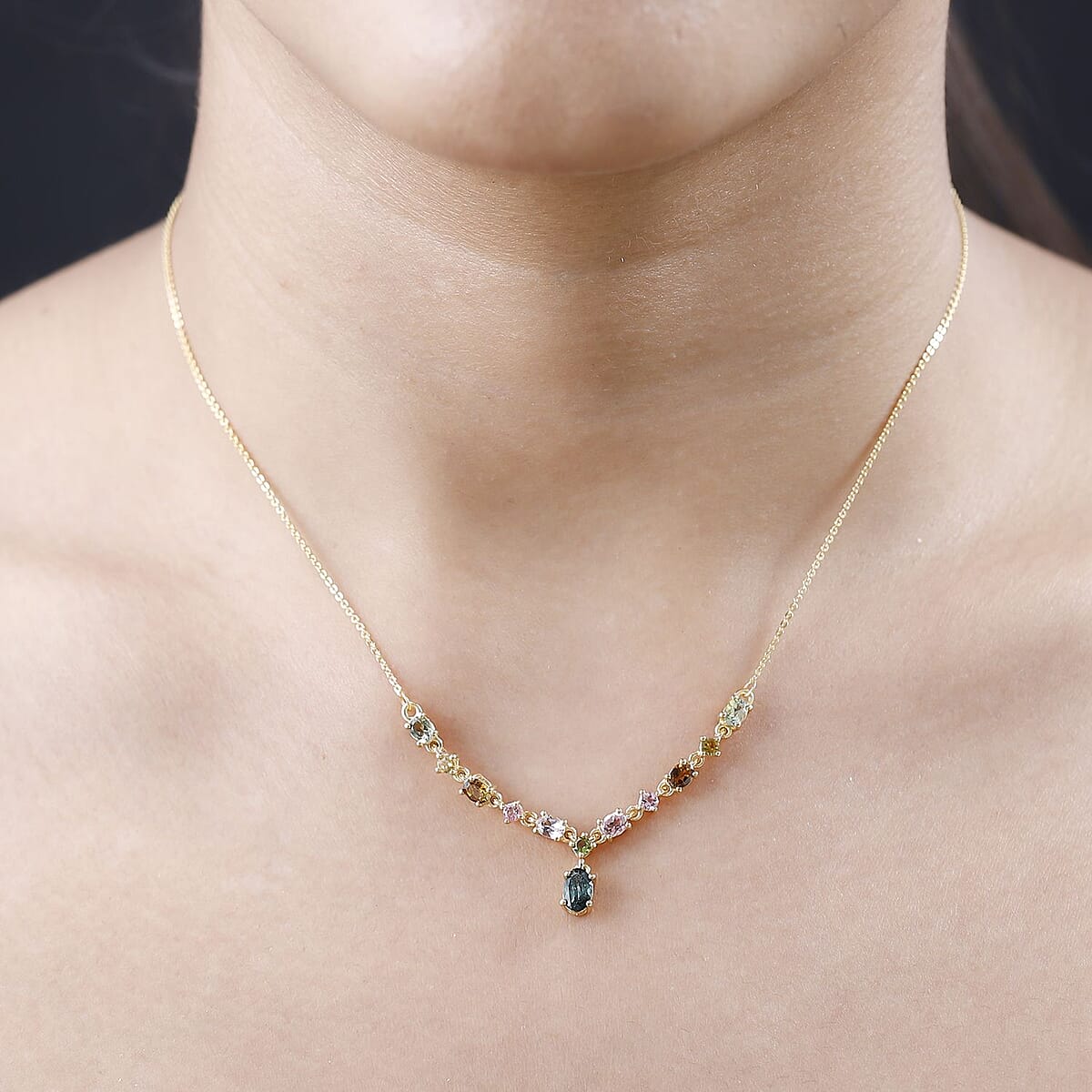 Multi-Tourmaline Necklace 18 Inches in Vermeil Yellow Gold Over Sterling Silver, Tourmaline Jewelry, Gift For Her 1.90 ctw image number 2