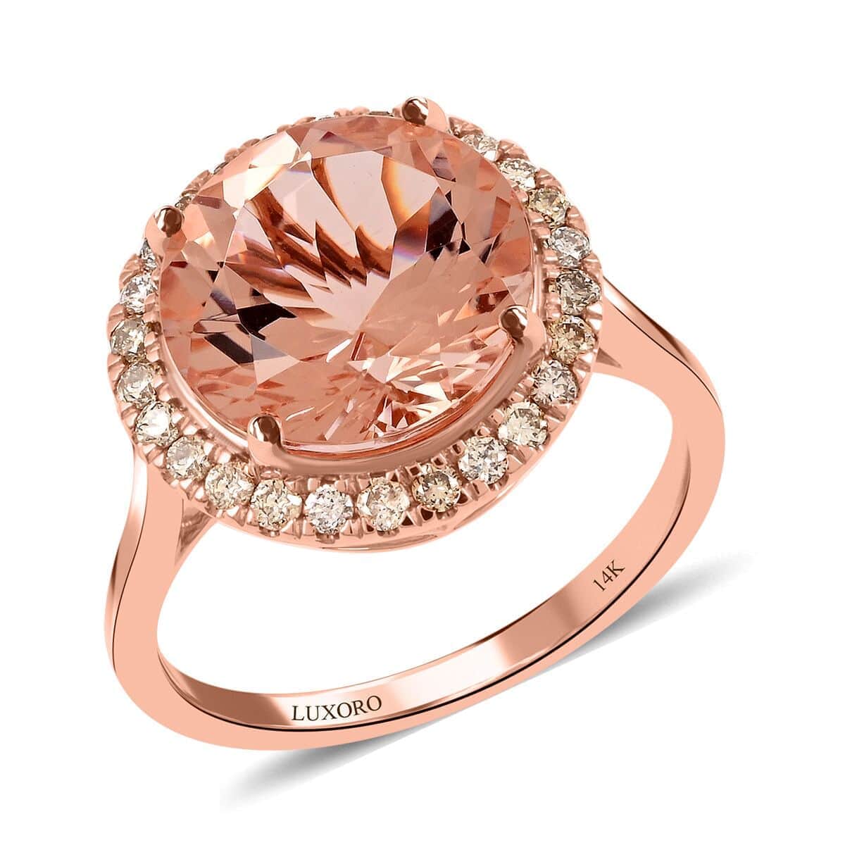 Certified and Appraised Luxoro 14K Rose Gold AAA Marropino Morganite and G-H I2 Diamond Ring (Size 6.0) 4.65 ctw image number 0