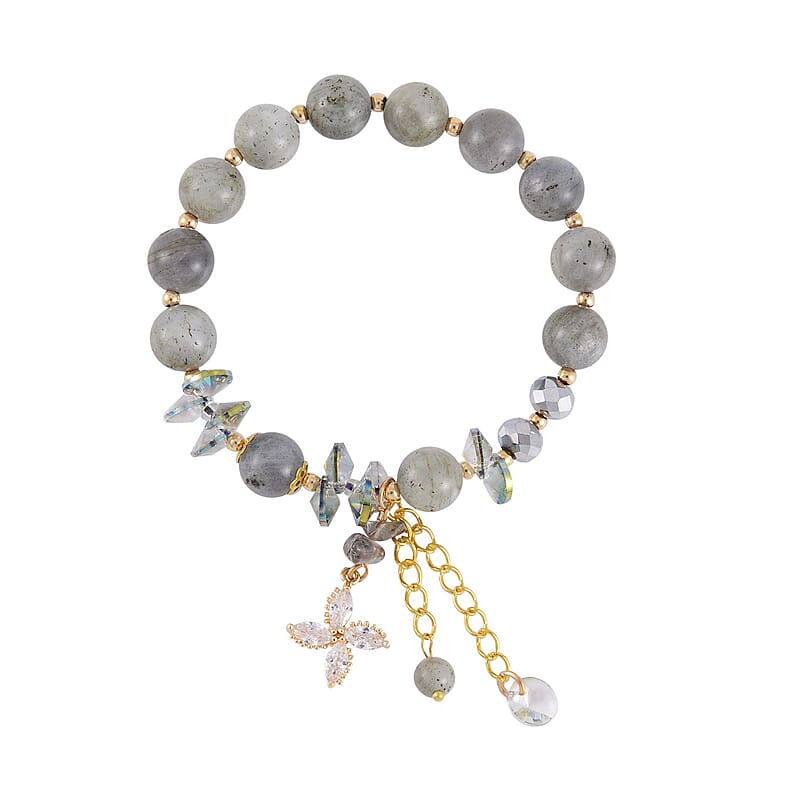 Malagasy Labradorite, Simulated Diamond and Grey Magic Color Austrian Crystal Bracelet (6.50 In) in Goldtone 99.00 ctw