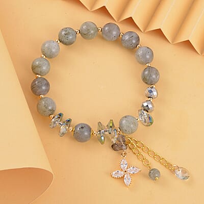 Malagasy Labradorite, Simulated Diamond and Grey Magic Color Austrian Crystal Bracelet (6.50 In) in Goldtone 99.00 ctw