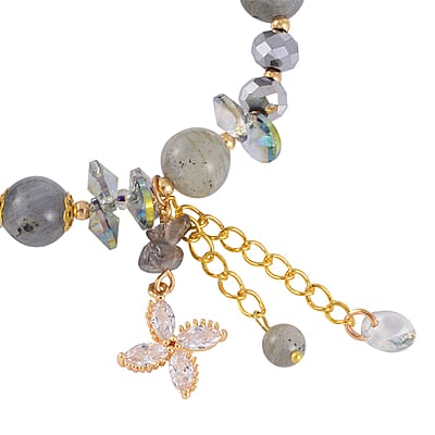 Malagasy Labradorite, Simulated Diamond and Grey Magic Color Austrian Crystal Bracelet (6.50 In) in Goldtone 99.00 ctw
