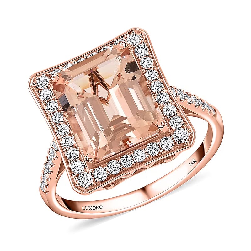 Certified and Appraised Luxoro 14K Rose Gold AAA Marropino Morganite and G-H I2 Diamond Halo Ring (Size 10.0) 4.35 Grams 4.80 ctw