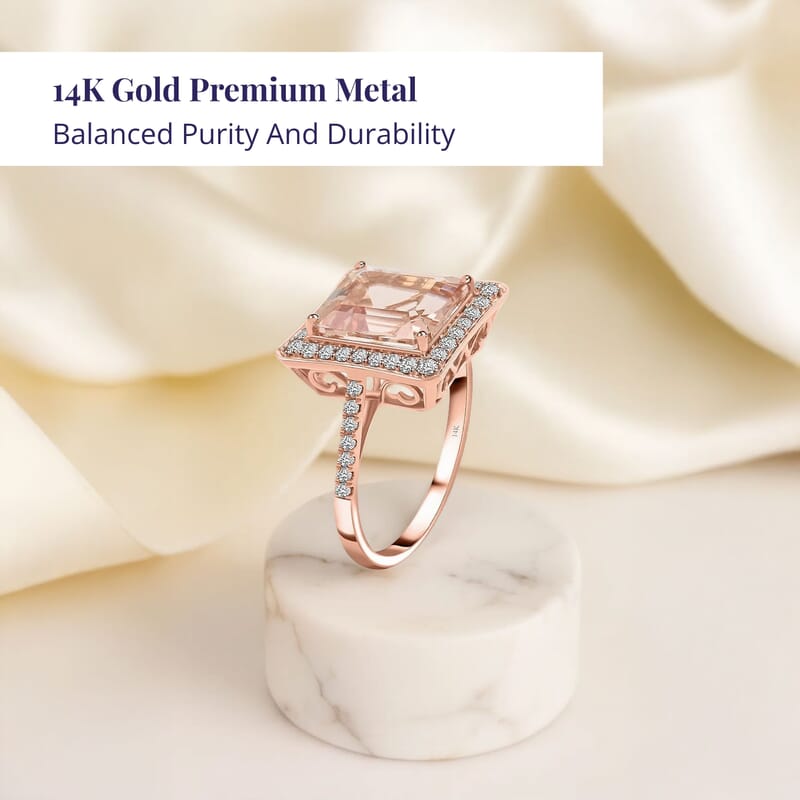 Certified and Appraised Luxoro 14K Rose Gold AAA Marropino Morganite and G-H I2 Diamond Halo Ring (Size 10.0) 4.35 Grams 4.80 ctw