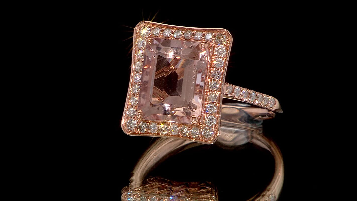 Luxoro 14K Rose Gold AAA Marropino Morganite and G-H I2 Diamond Halo Ring 4.35 Grams 4.80 ctw