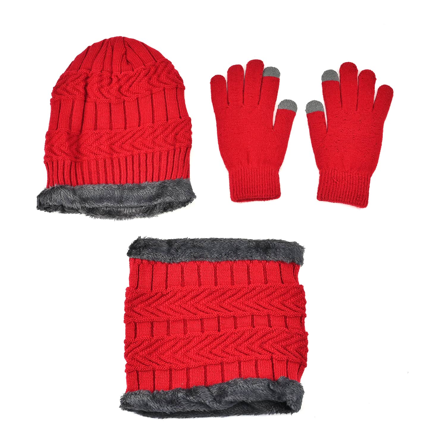 Red 100% Acrylic 3pcs Set Glove (8.66), Scarf (9.85x8.66) and Hat  (10.24x9.05)