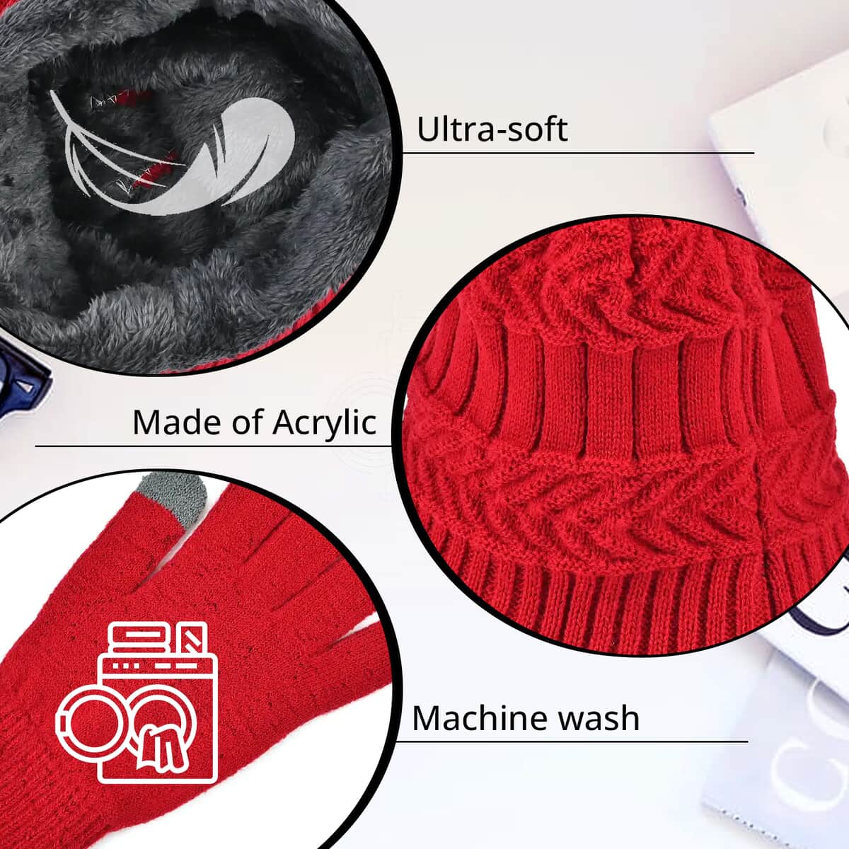 Red 100% Acrylic 3pcs Set Glove (8.66), Scarf (9.85x8.66) and Hat (10.24x9.05) image number 1