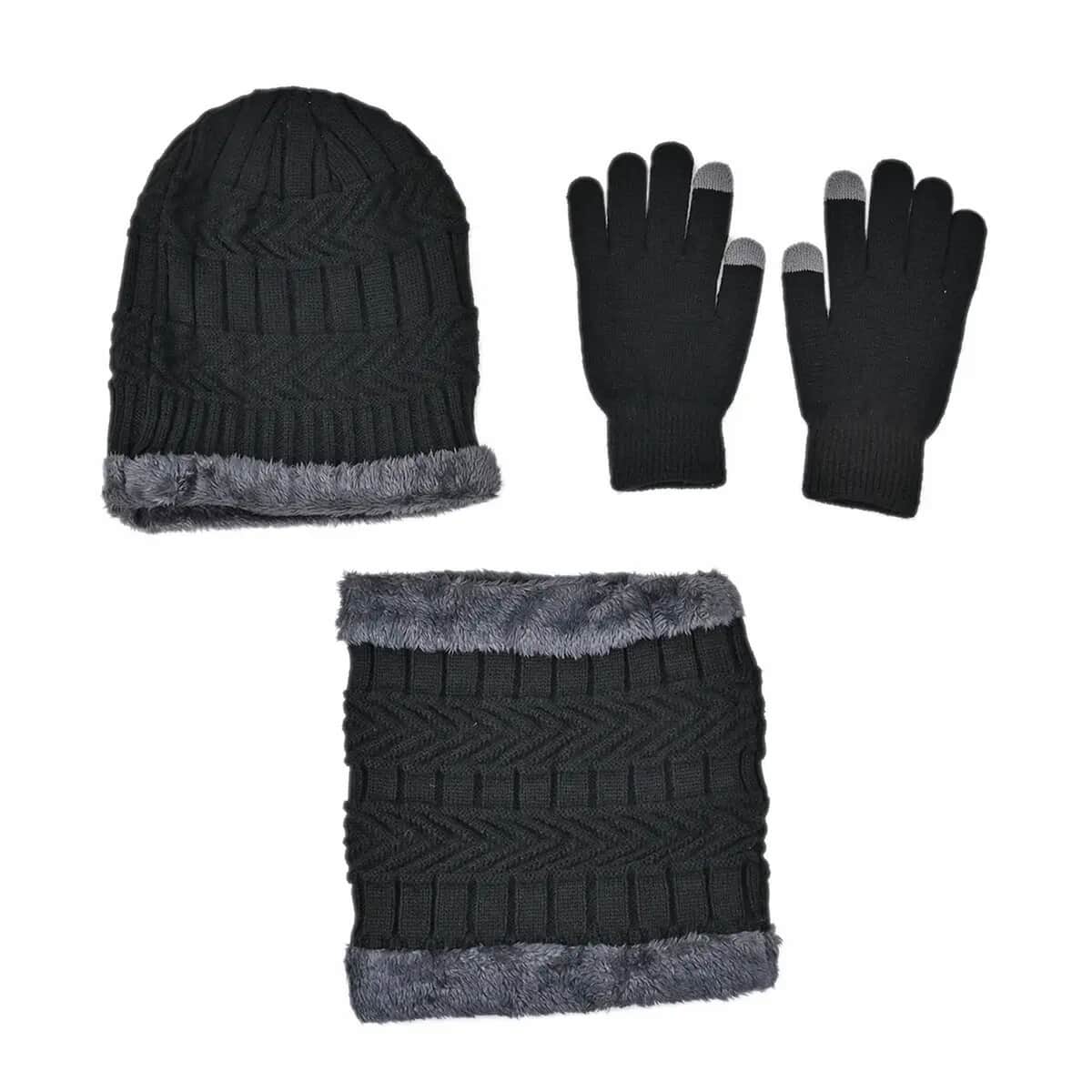 Black 100% Acrylic 3pcs Set Glove (8.66), Scarf (9.85x8.66) and Hat (10.24x9.05) image number 0