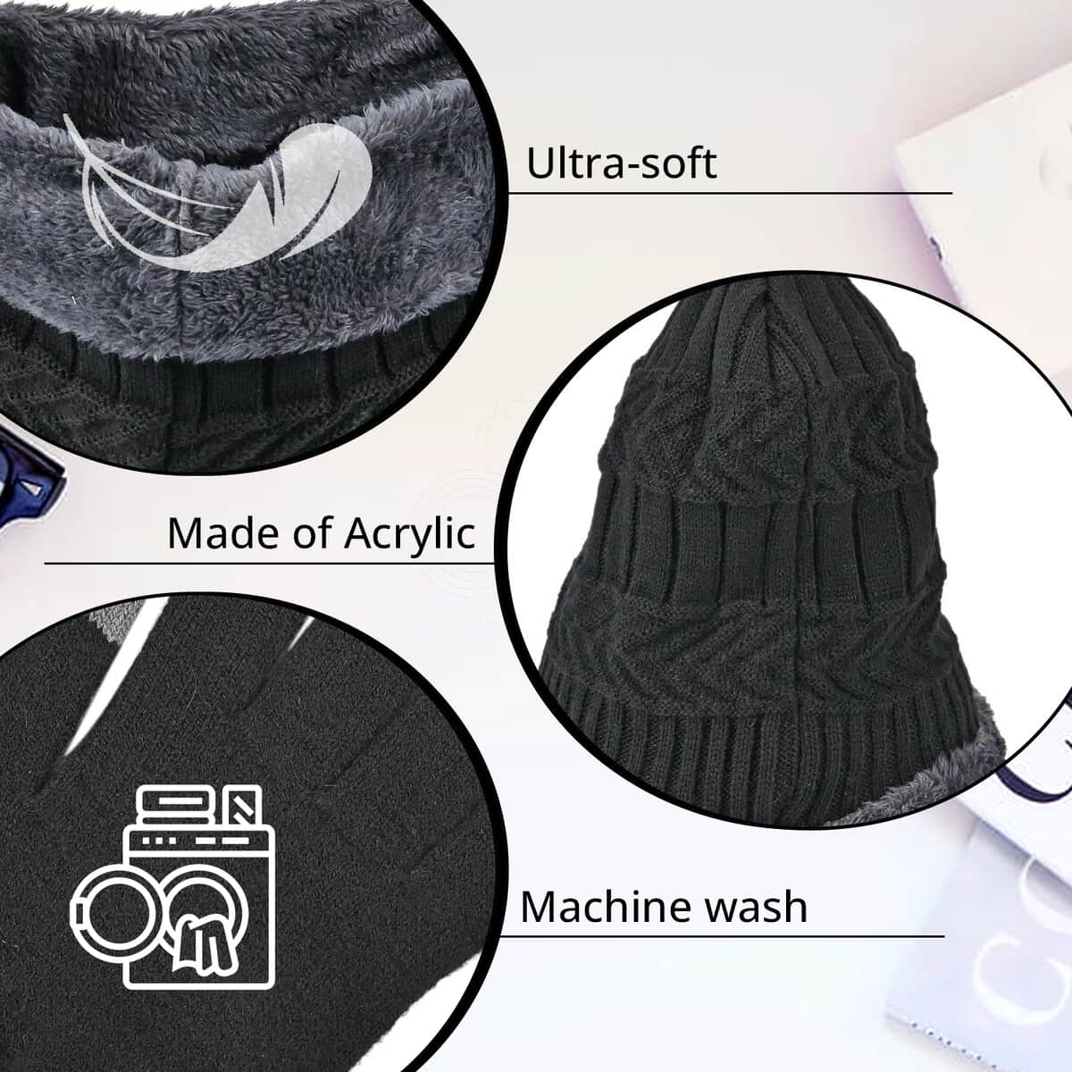 Black 100% Acrylic 3pcs Set Glove (8.66), Scarf (9.85x8.66) and Hat (10.24x9.05) image number 1