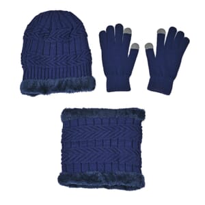 Winter Thick Fleece Lined Beanie Cap Hat Neck Warmer Scarf and Touch Screen Supported Mittens Gloves Set for Men's and Women's - Navy (3pcs Set)