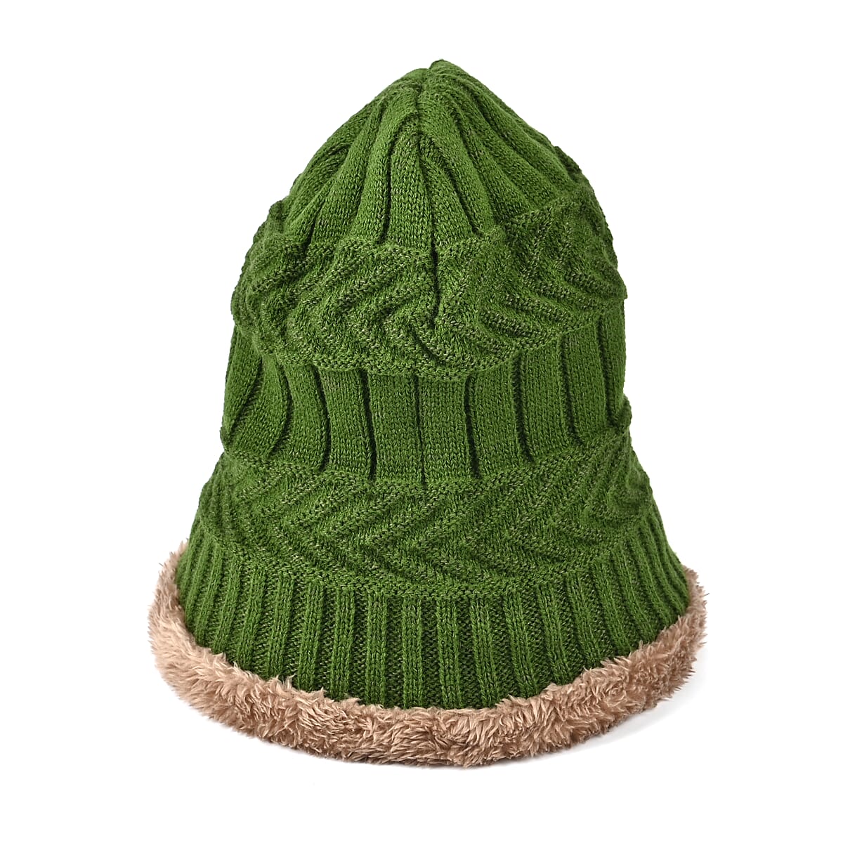 Winter Thick Fleece Lined Beanie Cap Hat Neck Warmer Scarf and Touch Screen Supported Mittens Gloves Set for Men's and Women's - Green (3pcs Set) image number 1