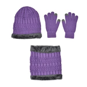 Winter Thick Fleece Lined Beanie Cap Hat Neck Warmer Scarf and Touch Screen Supported Mittens Gloves Set for Men's and WoMen's - Purple (3pcs Set)