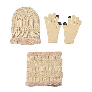 Winter Thick Fleece Lined Beanie Cap Hat Neck Warmer Scarf and Touch Screen Supported Mittens Gloves Set for Men's and Women's - Cream (3pcs Set)