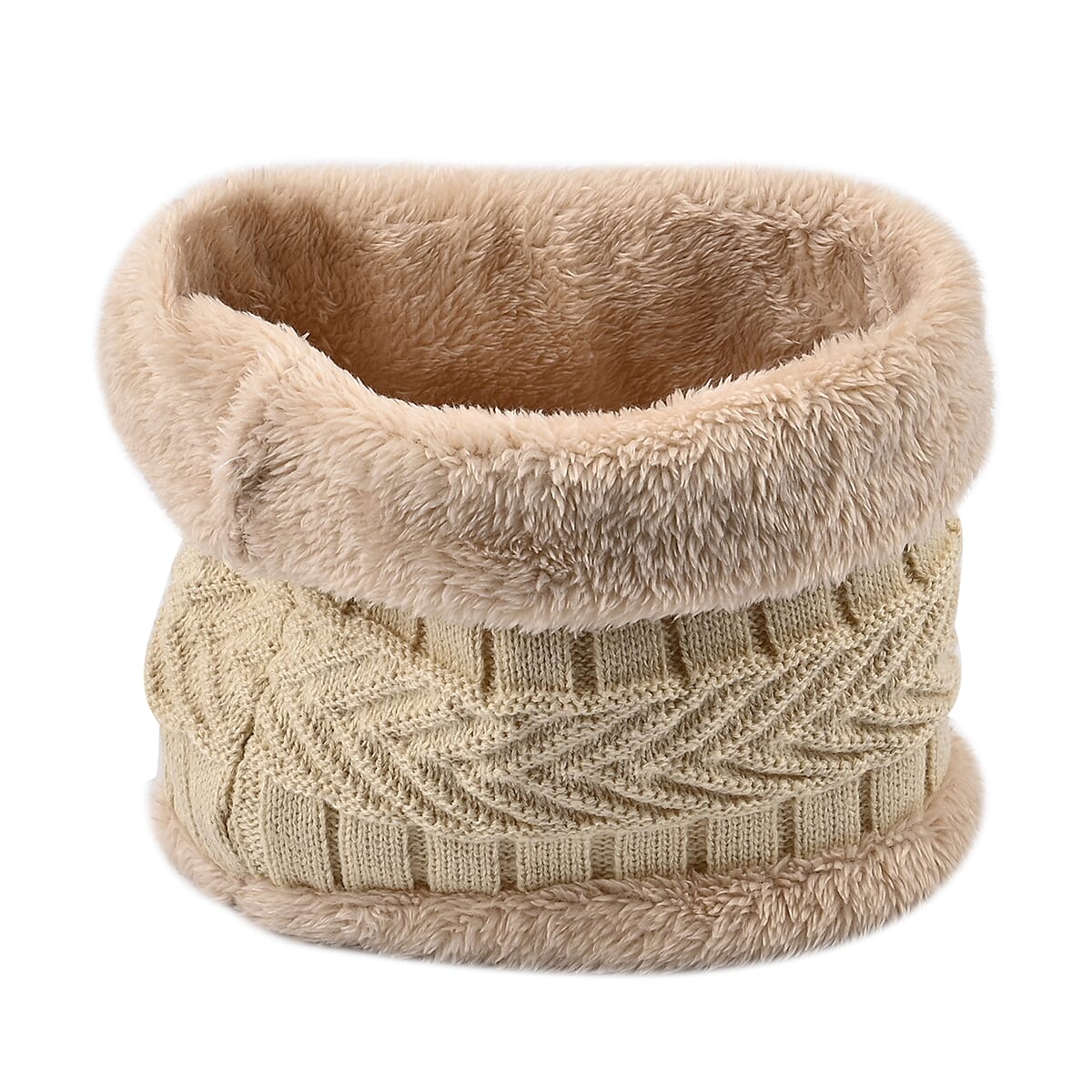 Winter Thick Fleece Lined Beanie Cap Hat Neck Warmer Scarf and Touch Screen Supported Mittens Gloves Set for Men's and Women's - Cream (3pcs Set) image number 2