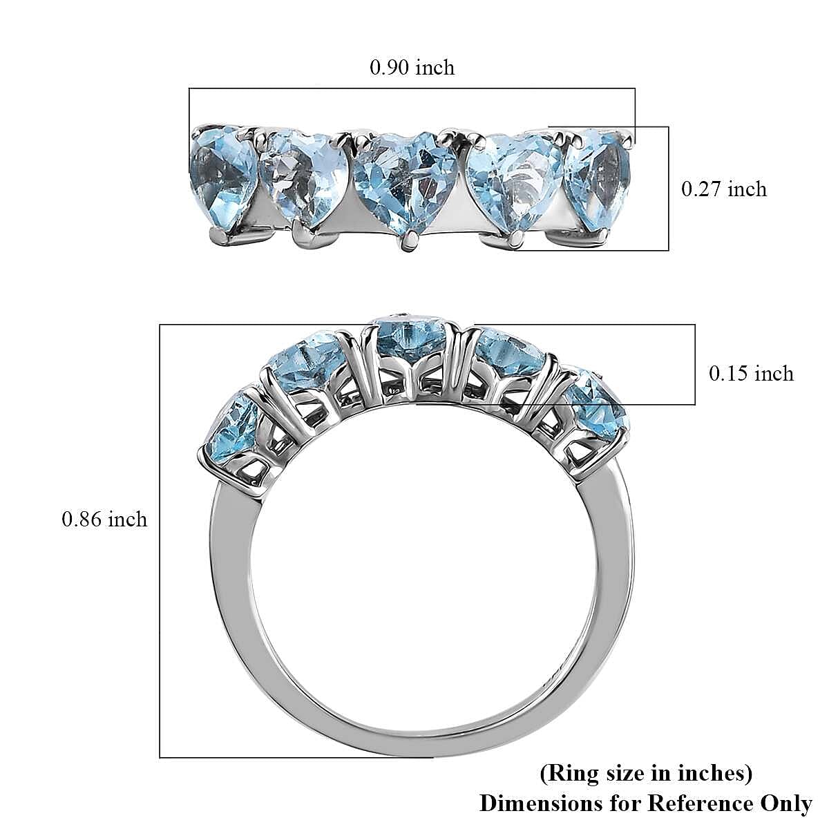 Sky Blue Topaz 5 Stone Heart Ring in Platinum Over Sterling Silver (Size 7.0) 2.65 ctw image number 5