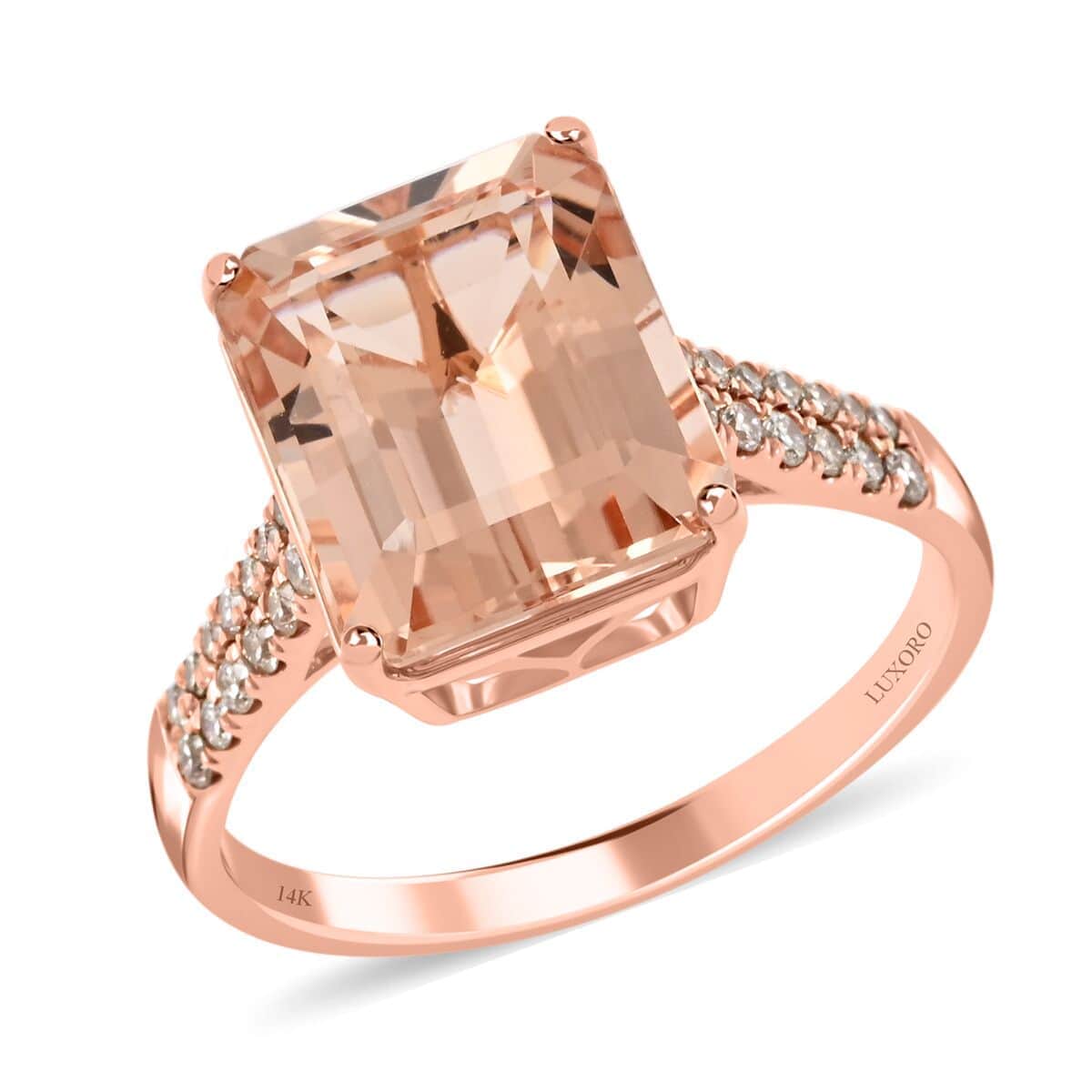 Certified and Appraised Luxoro 14K Rose Gold AAA Marropino Morganite and G-H I2 Diamond Ring (Size 10.0) 6.15 ctw image number 0