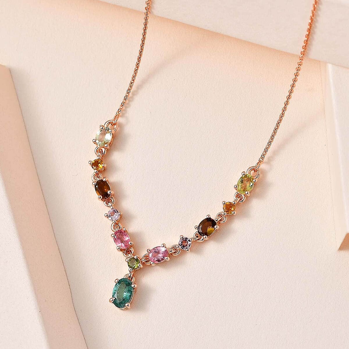 Multi-Tourmaline Necklace 18 Inches in Vermeil Rose Gold Over Sterling Silver, Tourmaline Jewelry, Gift For Her 1.90 ctw image number 1