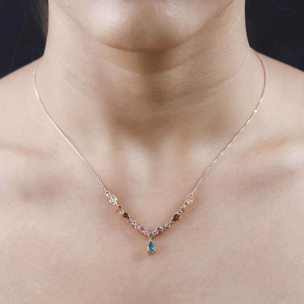 Multi-Tourmaline Necklace 18 Inches in Vermeil Rose Gold Over Sterling Silver, Tourmaline Jewelry, Gift For Her 1.90 ctw image number 2