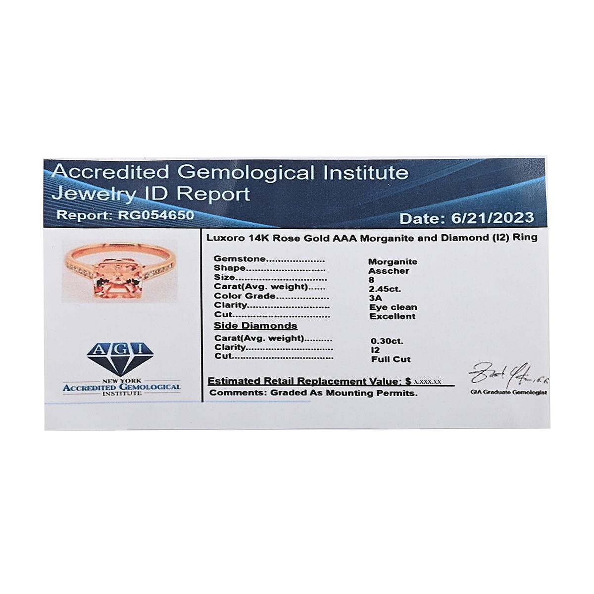 Certified and Appraised Luxoro 14K Rose Gold Asscher Cut AAA Marropino Morganite and G-H I2 Diamond Ring (Size 10.0) 2.75 ctw