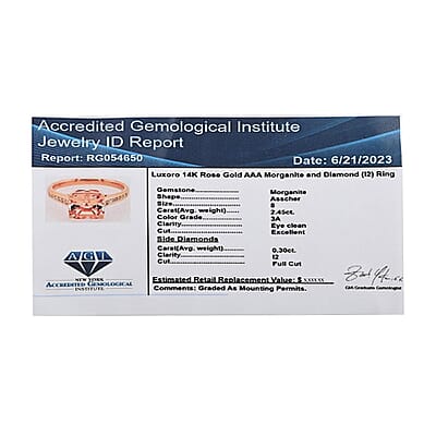 Certified and Appraised Luxoro 14K Rose Gold Asscher Cut AAA Marropino Morganite and G-H I2 Diamond Ring (Size 10.0) 2.75 ctw