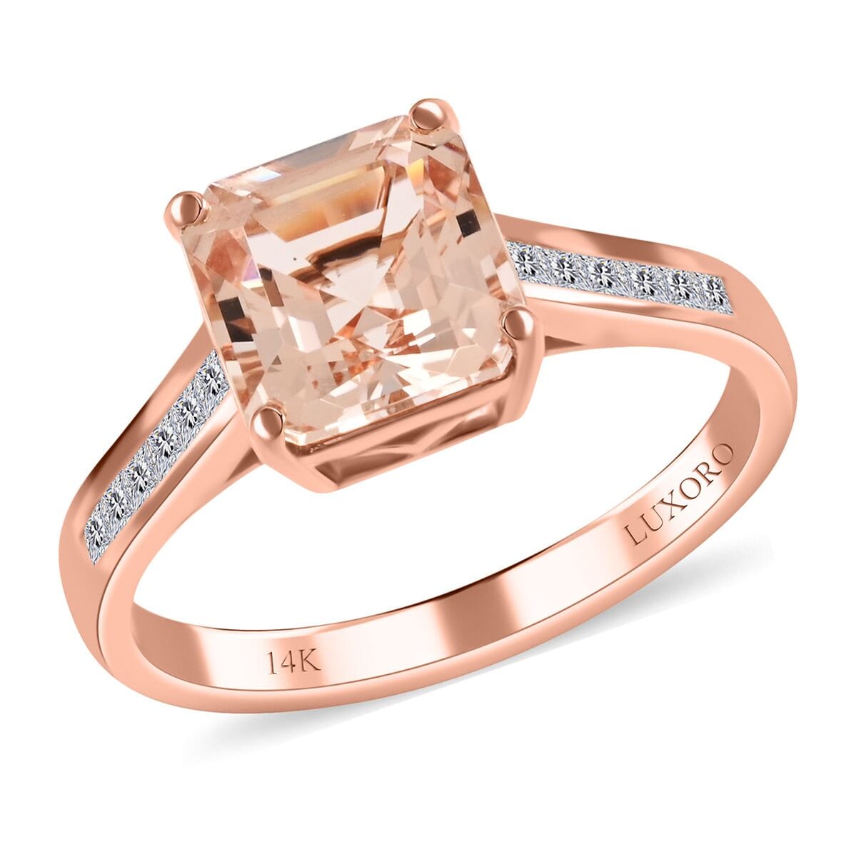 Certified and Appraised Luxoro 14K Rose Gold Asscher Cut AAA Marropino Morganite and G-H I2 Diamond Ring (Size 9.0) 2.75 ctw image number 0