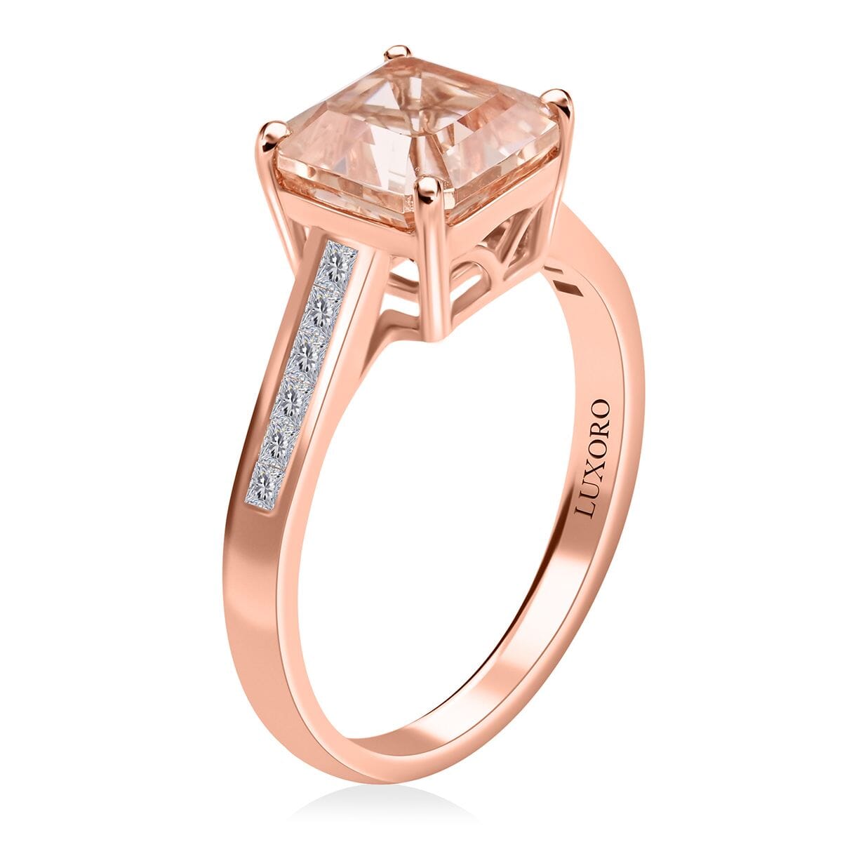Certified and Appraised Luxoro 14K Rose Gold Asscher Cut AAA Marropino Morganite and G-H I2 Diamond Ring (Size 9.0) 2.75 ctw image number 3