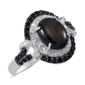 Premium Bankacha Natural Black Star Sapphire and Multi Gemstone Ring in Platinum Over Sterling Silver (Size 10.0) 3.50 ctw