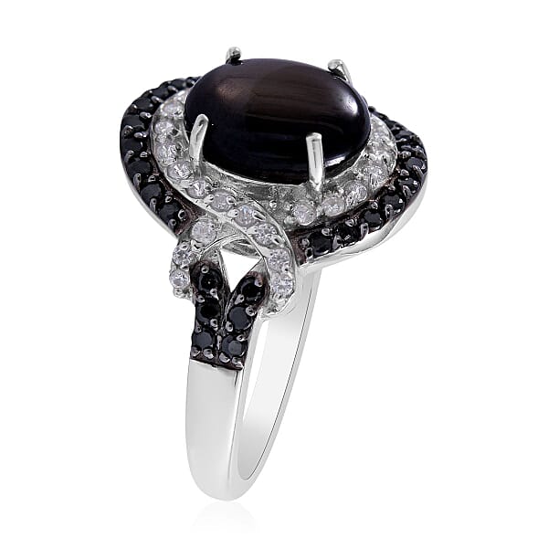 Premium Bankacha Natural Black Star Sapphire and Multi Gemstone Ring in Platinum Over Sterling Silver (Size 10.0) 3.50 ctw