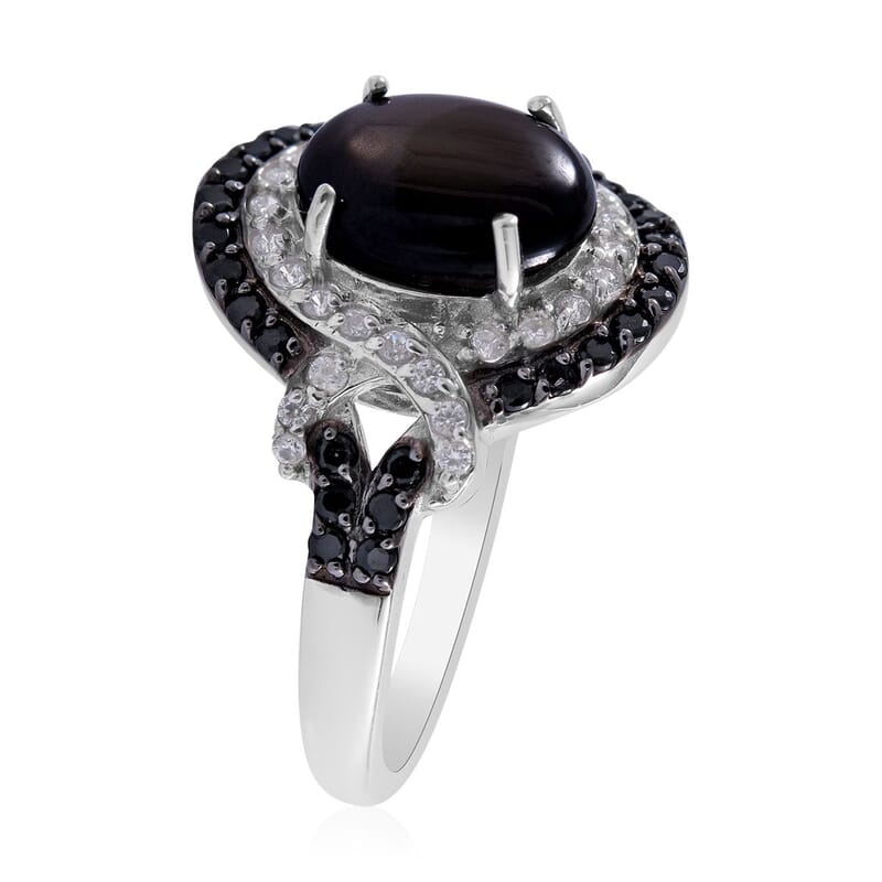 Premium Bankacha Natural Black Star Sapphire and Multi Gemstone Ring in Platinum Over Sterling Silver (Size 10.0) 3.50 ctw