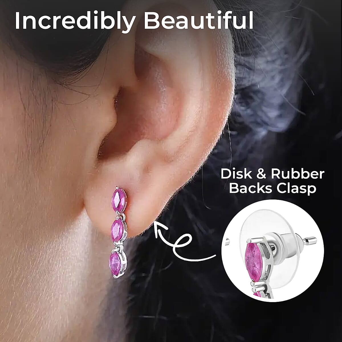 Ilakaka Hot Pink Sapphire (FF) Dangling Earrings, Platinum Over Sterling Silver Earrings, Three Stone Earrings 2.25 ctw image number 2