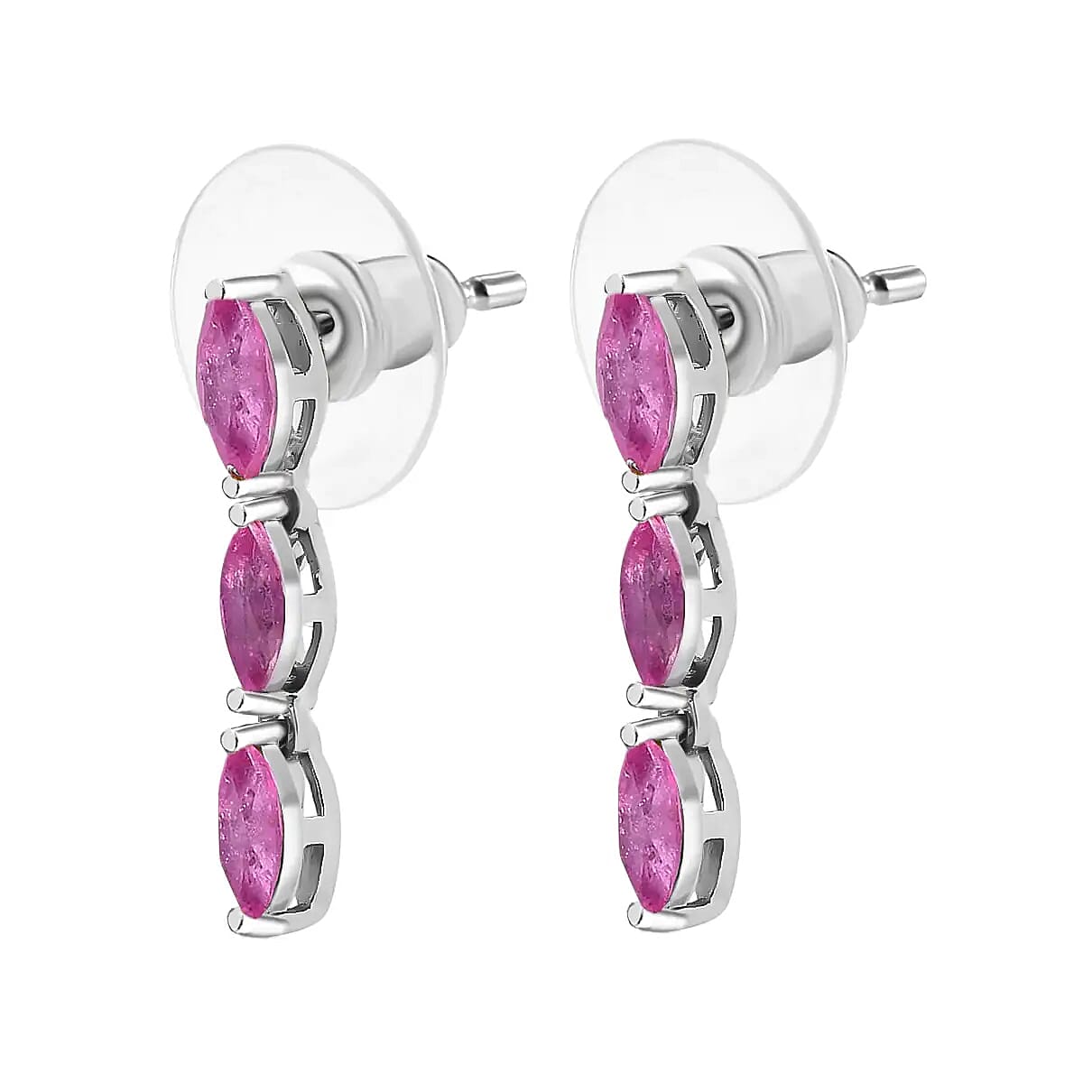 Ilakaka Hot Pink Sapphire (FF) Dangling Earrings, Platinum Over Sterling Silver Earrings, Three Stone Earrings 2.25 ctw image number 3