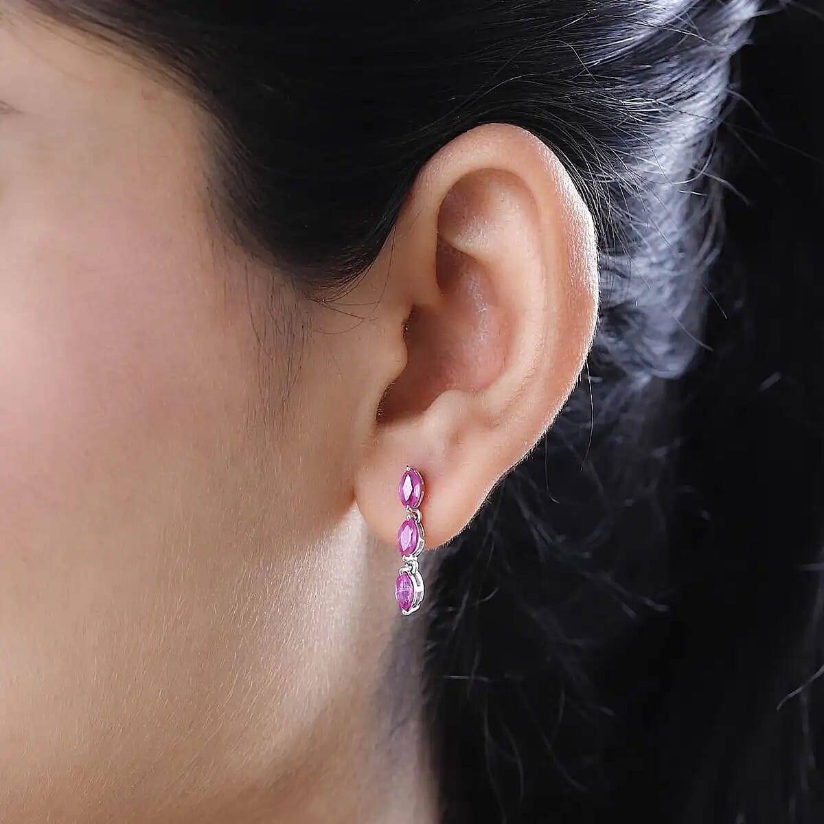 Ilakaka Hot Pink Sapphire (FF) Dangling Earrings, Platinum Over Sterling Silver Earrings, Three Stone Earrings 2.25 ctw image number 5