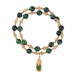 Enhanced Green Tiger's Eye and Multi Color Glass 73.00 ctw Two Row Stretch Bracelet in Goldtone