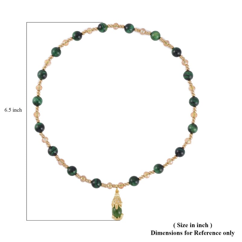 Enhanced Green Tiger's Eye and Multi Color Glass 73.00 ctw Two Row Stretch Bracelet in Goldtone