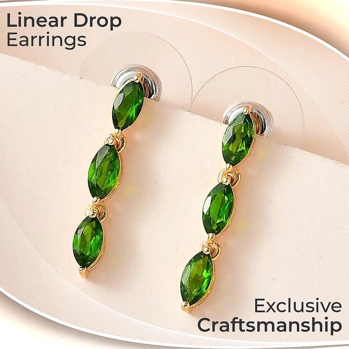 Chrome Diopside Dangling Earrings, Vermeil Yellow Gold Over Sterling Silver Earrings, Three Stone Earrings 1.40 ctw image number 1