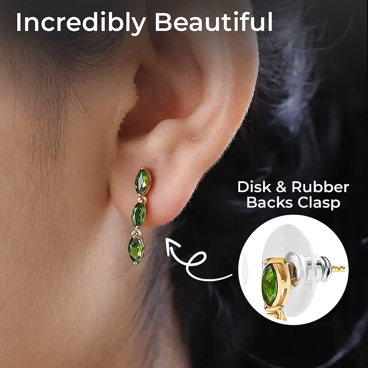 Chrome Diopside Dangling Earrings, Vermeil Yellow Gold Over Sterling Silver Earrings, Three Stone Earrings 1.40 ctw image number 2