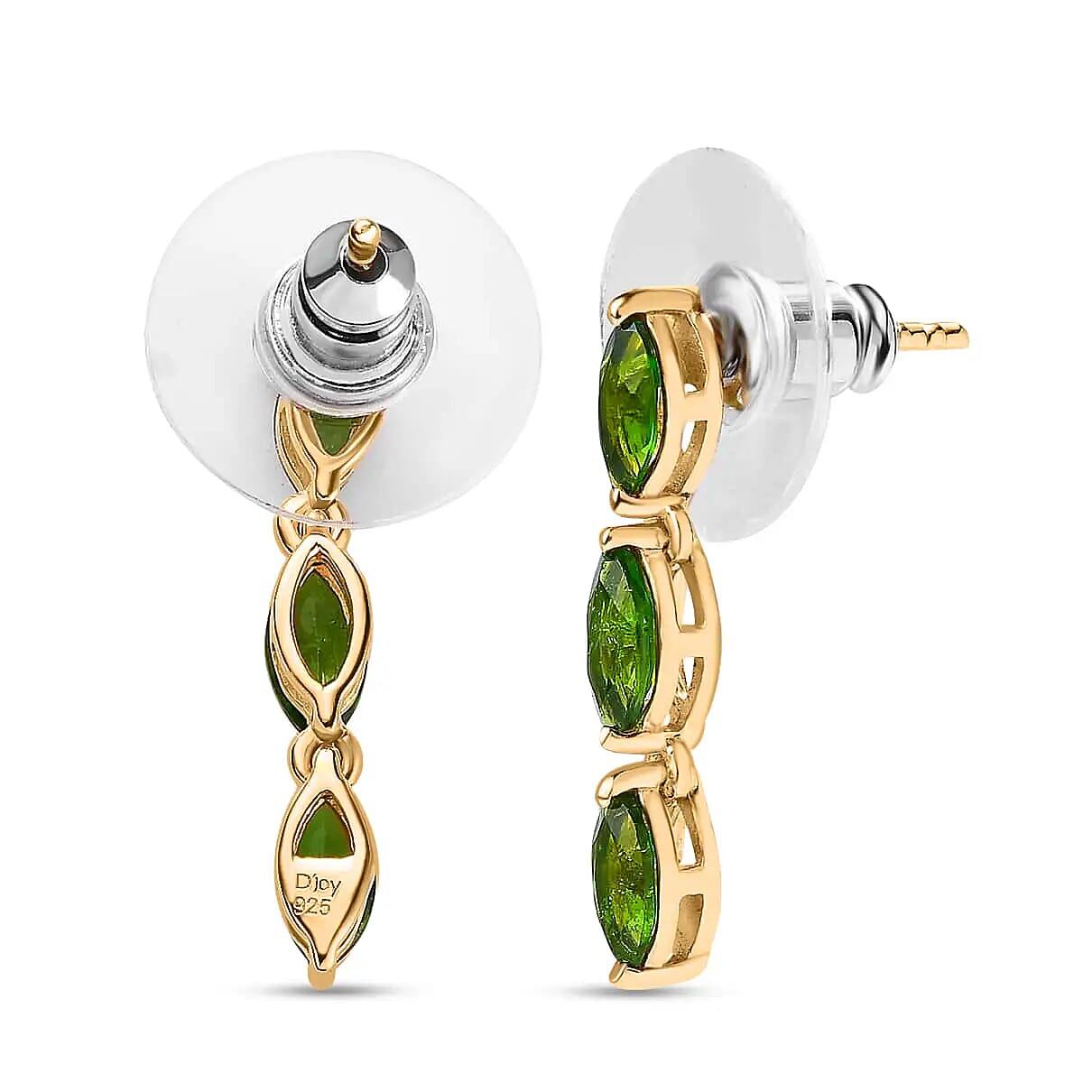 Chrome Diopside Dangling Earrings, Vermeil Yellow Gold Over Sterling Silver Earrings, Three Stone Earrings 1.40 ctw image number 3