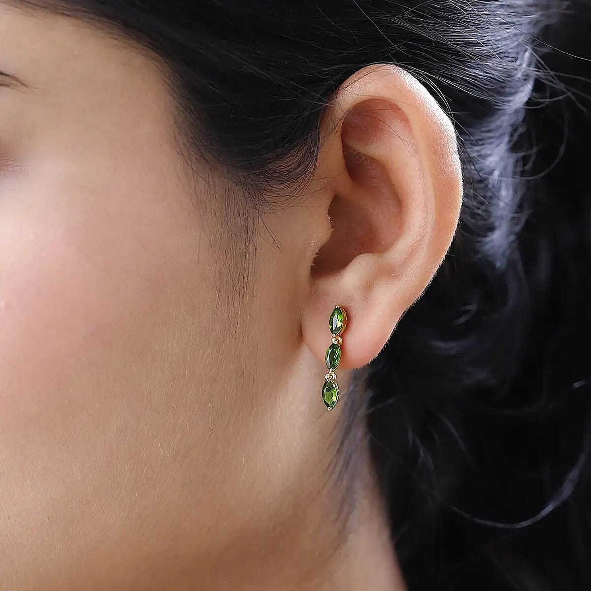 Chrome Diopside Dangling Earrings, Vermeil Yellow Gold Over Sterling Silver Earrings, Three Stone Earrings 1.40 ctw image number 4