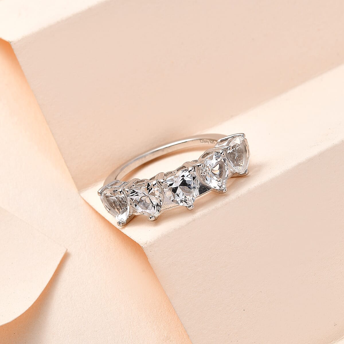 White Topaz 5 Stone Heart Ring in Platinum Over Sterling Silver (Size 6.0) 3.00 ctw image number 1