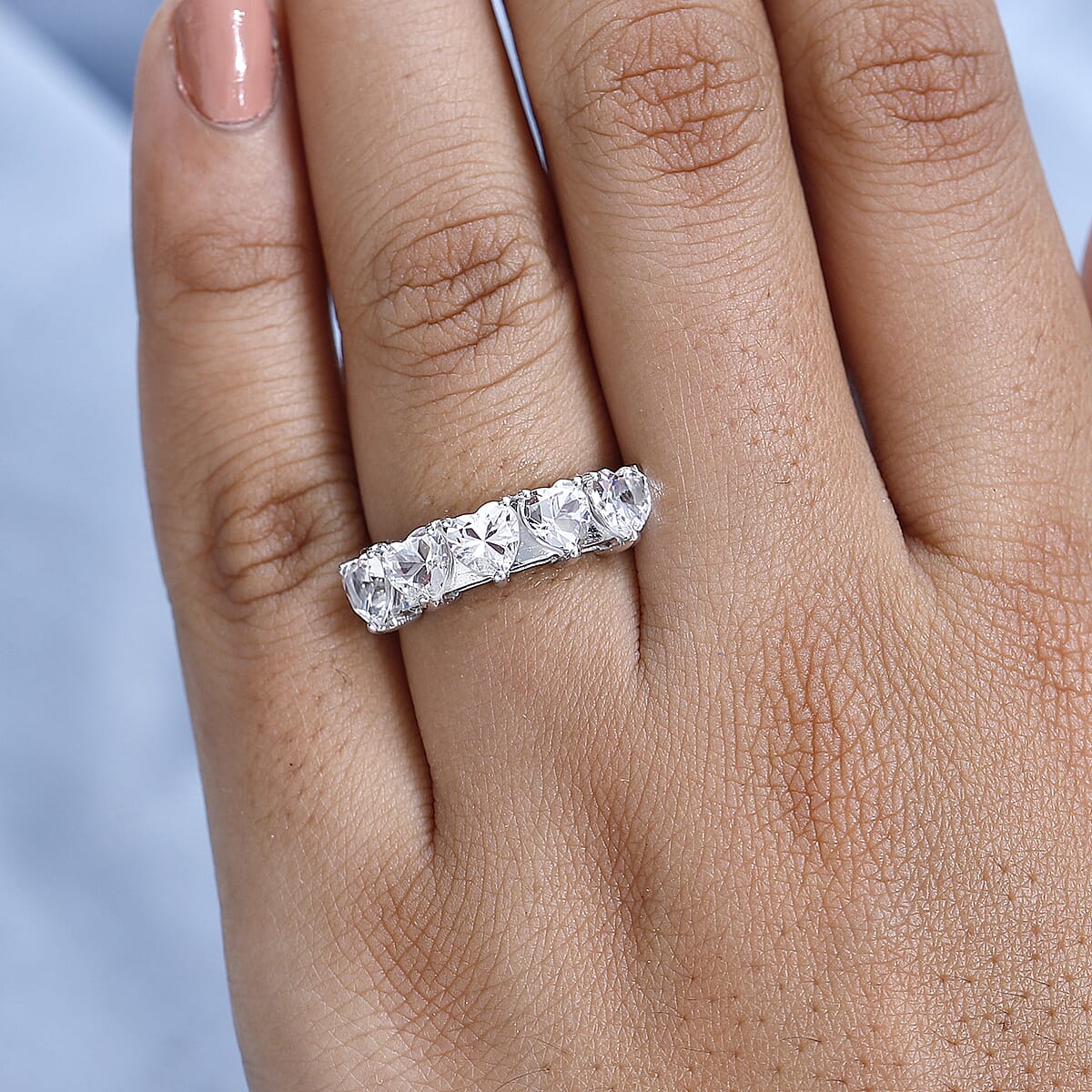 White Topaz 5 Stone Heart Ring in Platinum Over Sterling Silver (Size 6.0) 3.00 ctw image number 2