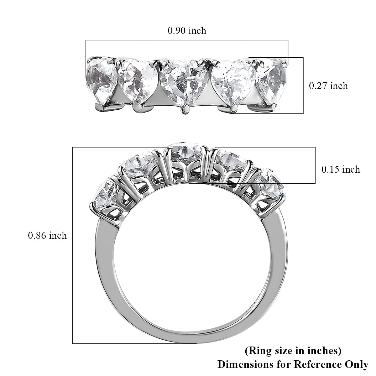 White Topaz 5 Stone Heart Ring in Platinum Over Sterling Silver (Size 6.0) 3.00 ctw image number 5
