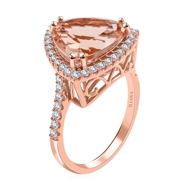 Iliana Certified and Appraised AAA Marropino Morganite Ring,  G-H SI Diamond Accent Ring, Morganite Halo Ring, 18K Rose Gold Ring, Wedding Ring 4.85 Grams 5.75 ctw