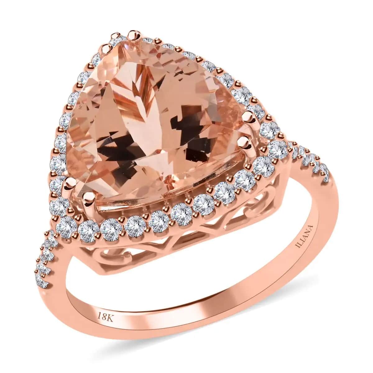 Iliana Certified and Appraised AAA Marropino Morganite 5.75 ctw Ring, G-H SI Diamond Accent Ring, Morganite Halo Ring, 18K Rose Gold Ring, Wedding Ring 4.85 Grams (Size 6.00) image number 0