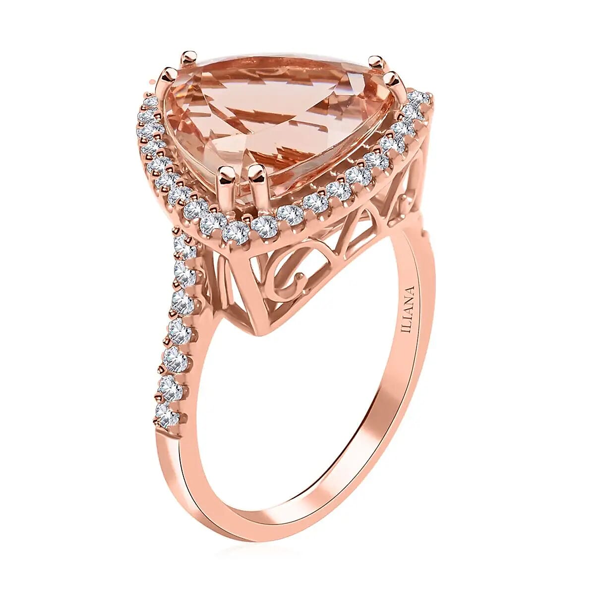 Iliana Certified and Appraised AAA Marropino Morganite 5.75 ctw Ring, G-H SI Diamond Accent Ring, Morganite Halo Ring, 18K Rose Gold Ring, Wedding Ring 4.85 Grams (Size 6.00)