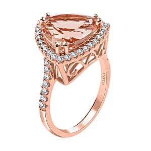 Iliana Certified and Appraised AAA Marropino Morganite 5.75 ctw Ring, G-H SI Diamond Accent Ring, Morganite Halo Ring, 18K Rose Gold Ring, Wedding Ring 4.85 Grams (Size 6.00)