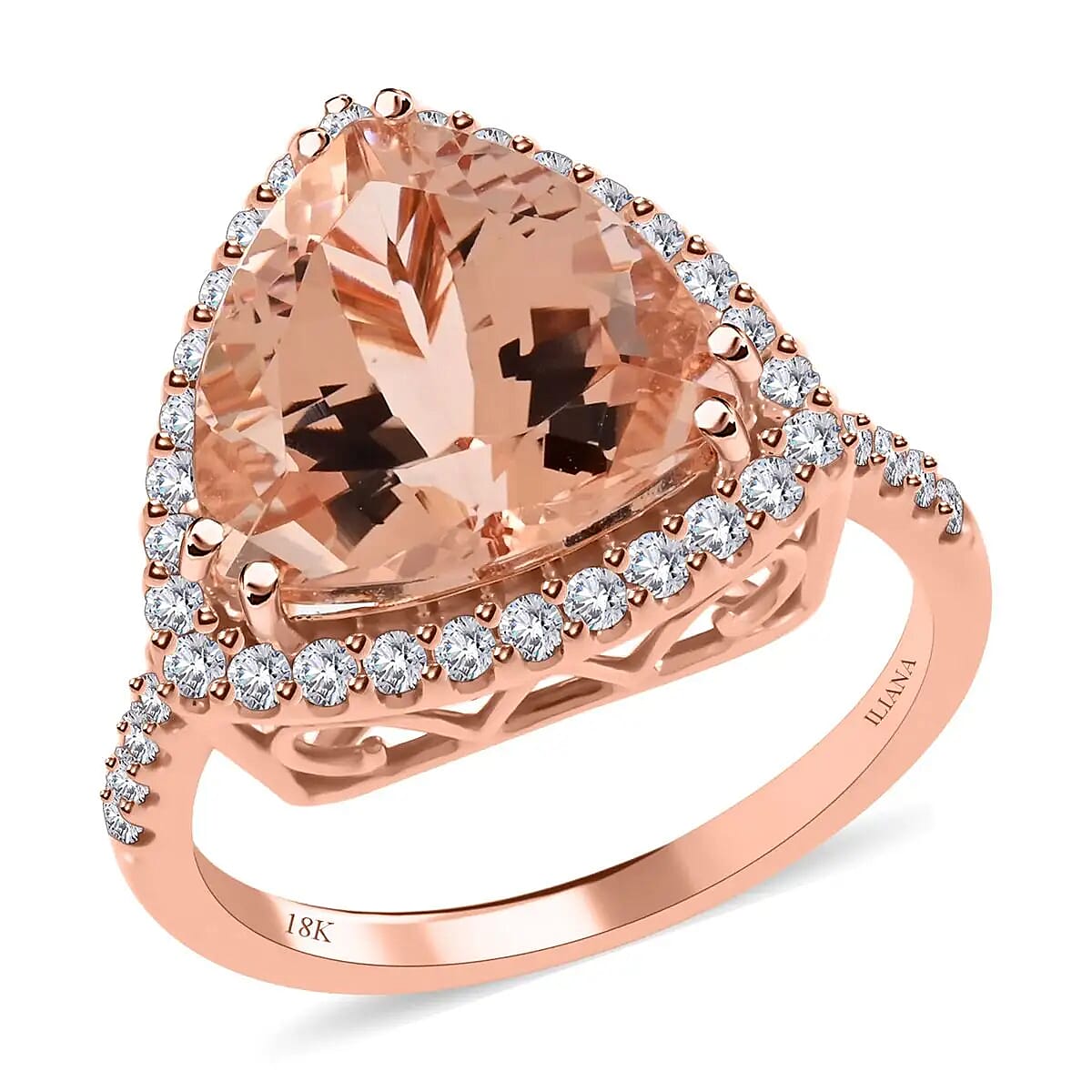Iliana Certified and Appraised AAA Marropino Morganite 5.75 ctw Ring, G-H SI Diamond Accent Ring, Morganite Halo Ring, 18K Rose Gold Ring, Wedding Ring 4.85 Grams (Size 9.00) image number 0