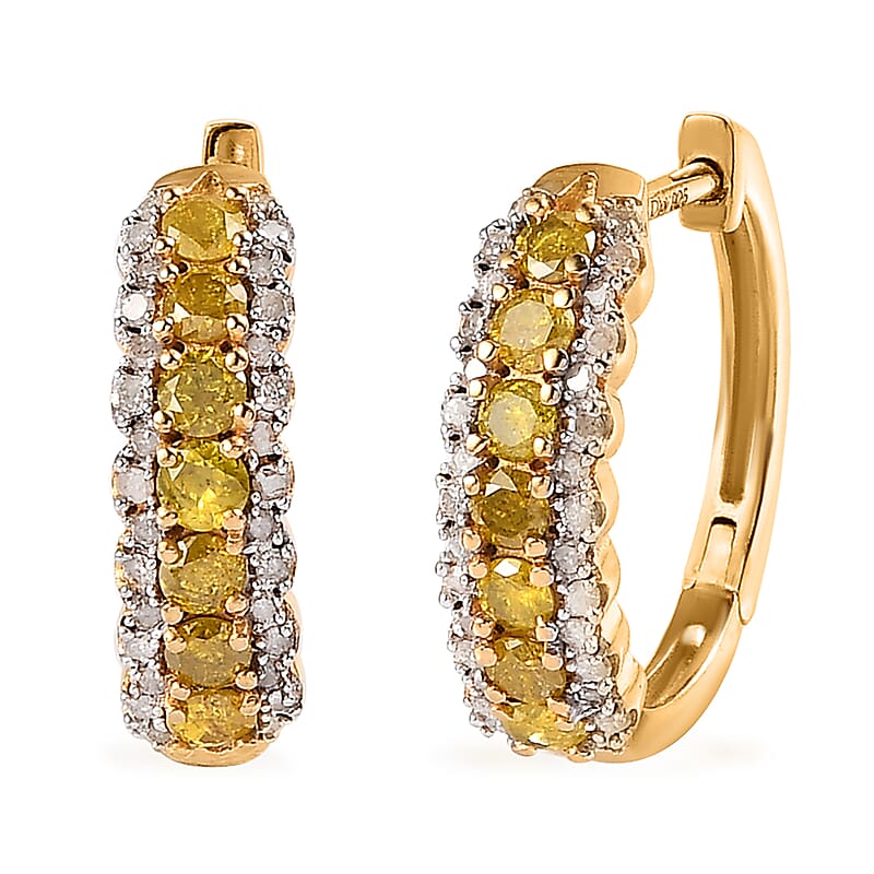 Yellow and White Diamond Hoop Earrings in Vermeil Yellow Gold Over Sterling Silver 1.00 ctw