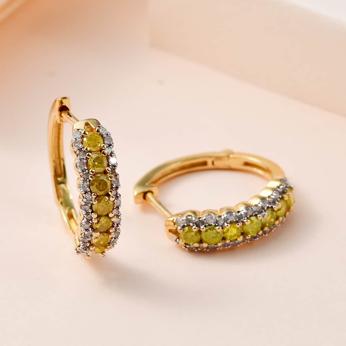 Yellow and White Diamond Hoop Earrings in Vermeil Yellow Gold Over Sterling Silver 1.00 ctw image number 1