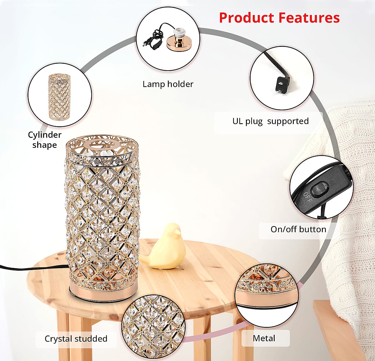 Gold Color Crystal Lamp (4.13"x4.13"x11.60") (without Bulb) image number 3